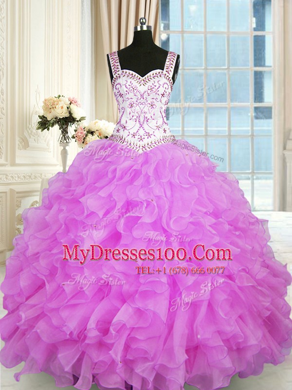 Best Selling Sleeveless Floor Length Beading and Ruffles Lace Up Quince Ball Gowns with Lilac