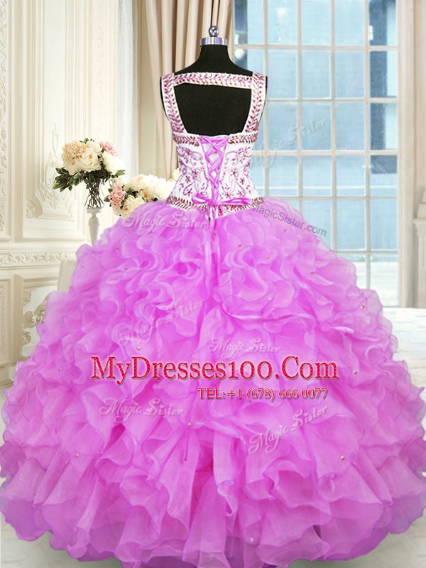 Best Selling Sleeveless Floor Length Beading and Ruffles Lace Up Quince Ball Gowns with Lilac