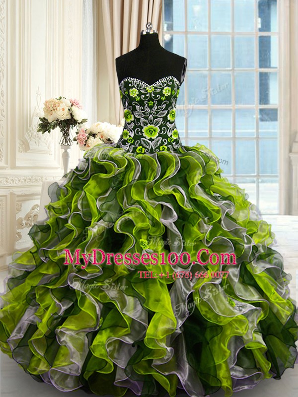 Multi-color Vestidos de Quinceanera Military Ball and Sweet 16 and Quinceanera and For with Beading and Ruffles Sweetheart Sleeveless Lace Up
