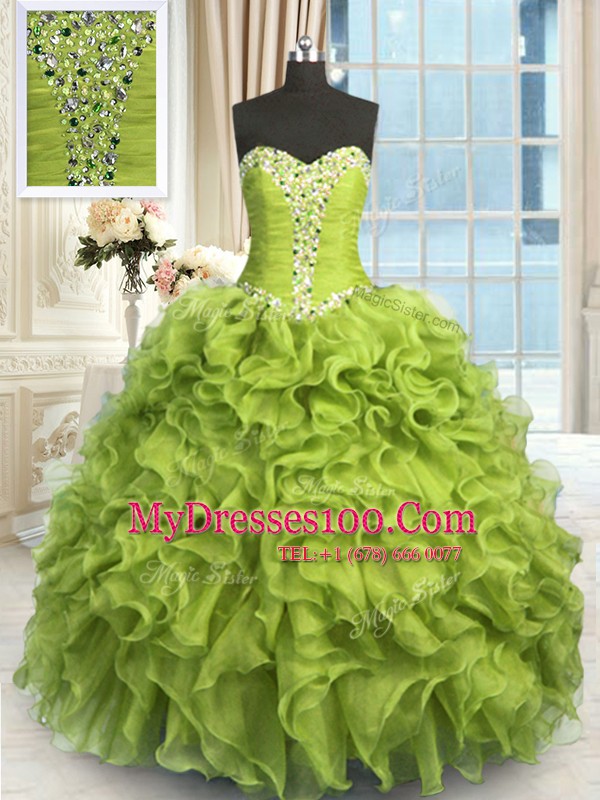 Best Yellow Green Ball Gowns Sweetheart Sleeveless Organza Floor Length Lace Up Beading and Ruffles 15 Quinceanera Dress