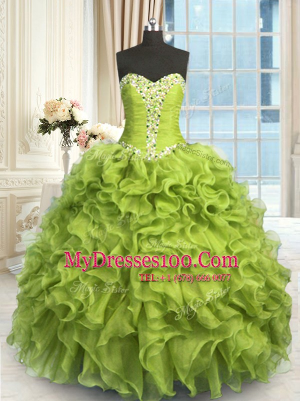 Best Yellow Green Ball Gowns Sweetheart Sleeveless Organza Floor Length Lace Up Beading and Ruffles 15 Quinceanera Dress