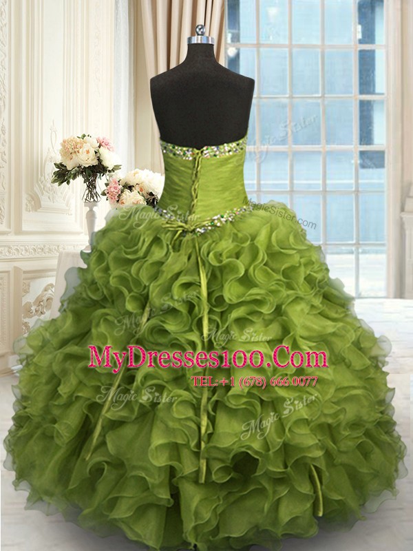 Best Yellow Green Ball Gowns Sweetheart Sleeveless Organza Floor Length Lace Up Beading and Ruffles 15 Quinceanera Dress