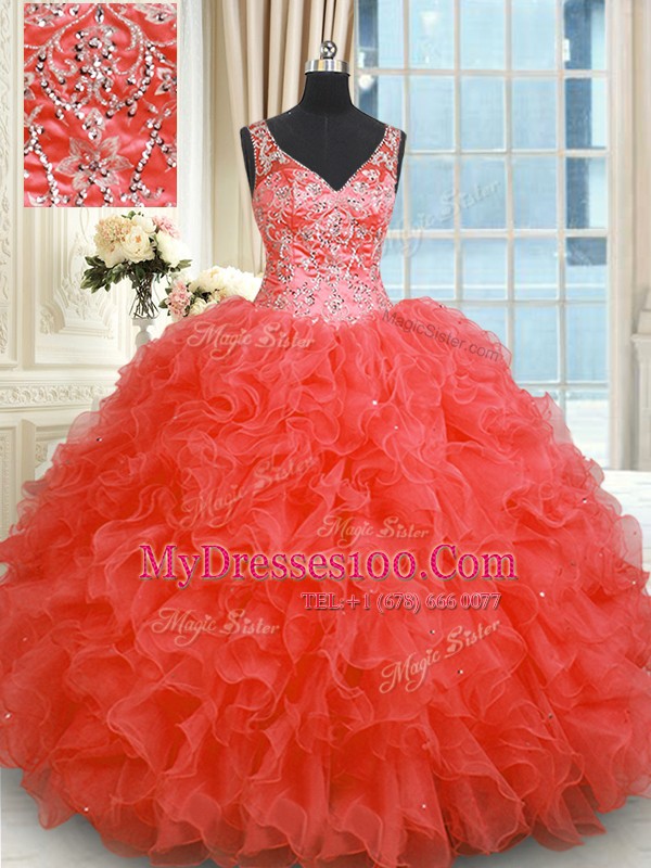 Coral Red Organza Zipper Quince Ball Gowns Sleeveless Floor Length Beading and Ruffles