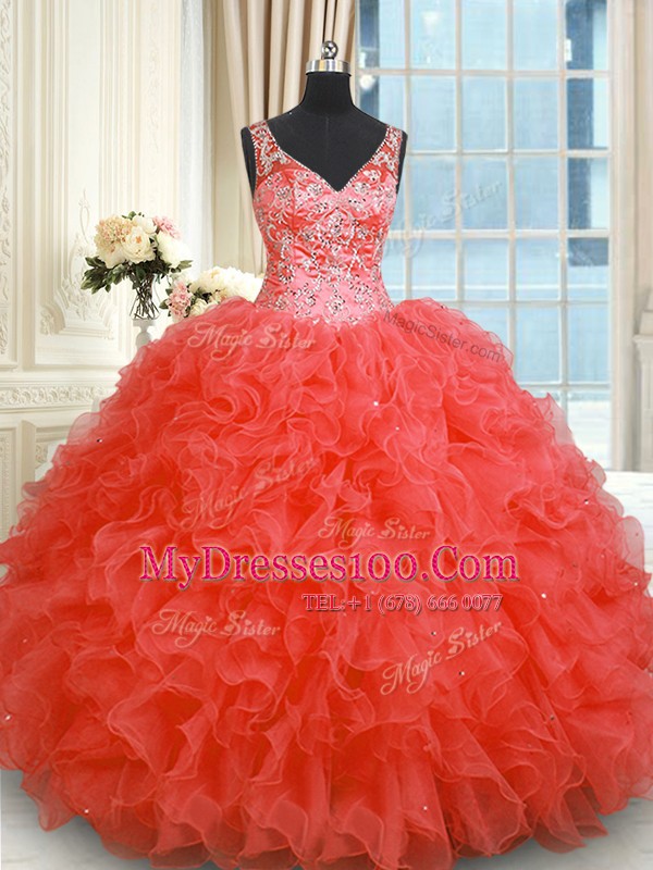 Coral Red Organza Zipper Quince Ball Gowns Sleeveless Floor Length Beading and Ruffles