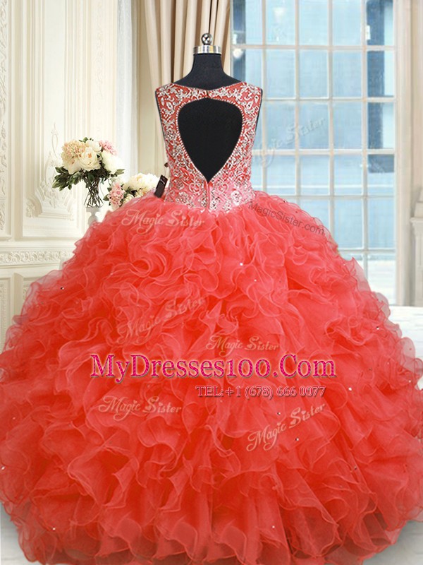 Coral Red Organza Zipper Quince Ball Gowns Sleeveless Floor Length Beading and Ruffles