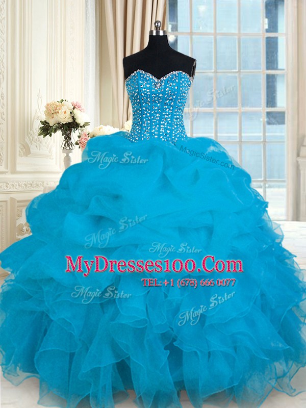 Latest Baby Blue Sweetheart Neckline Beading and Ruffles Sweet 16 Dresses Sleeveless Lace Up
