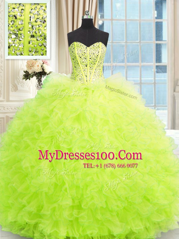Sleeveless Floor Length Beading and Ruffles Lace Up 15th Birthday Dress with Yellow Green