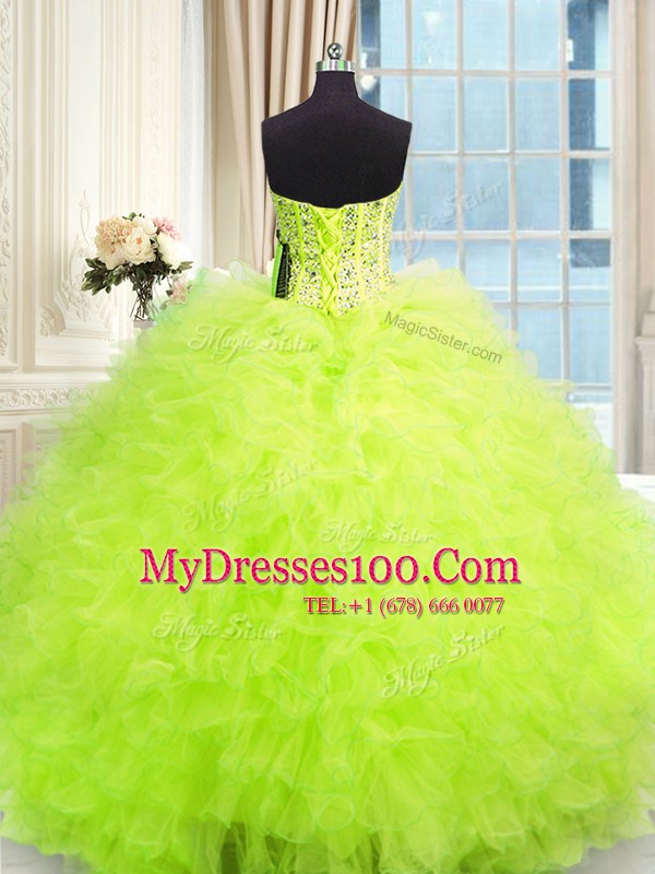 Sleeveless Floor Length Beading and Ruffles Lace Up 15th Birthday Dress with Yellow Green