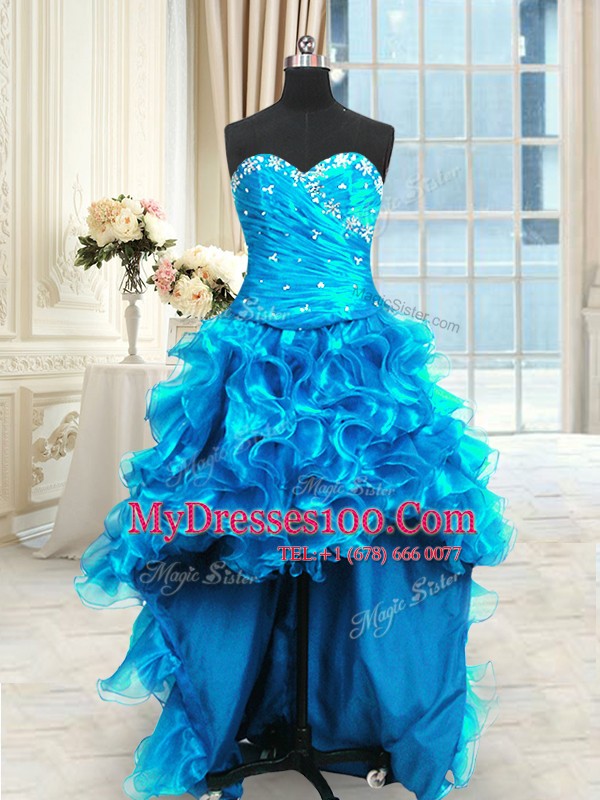 Four Piece Beading and Ruffles and Ruching Sweet 16 Dress Blue Lace Up Sleeveless Floor Length