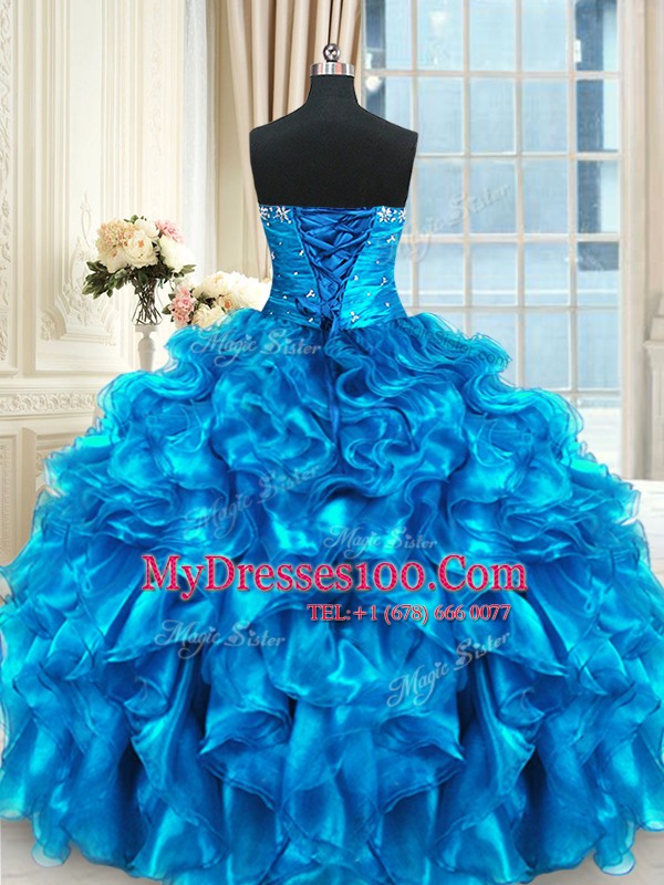 Four Piece Beading and Ruffles and Ruching Sweet 16 Dress Blue Lace Up Sleeveless Floor Length