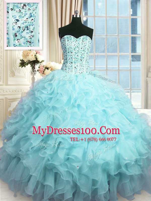 Sequins Sweetheart Sleeveless Lace Up 15th Birthday Dress Baby Blue Organza