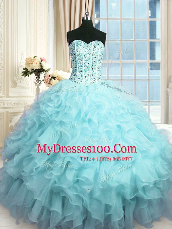 Sequins Sweetheart Sleeveless Lace Up 15th Birthday Dress Baby Blue Organza