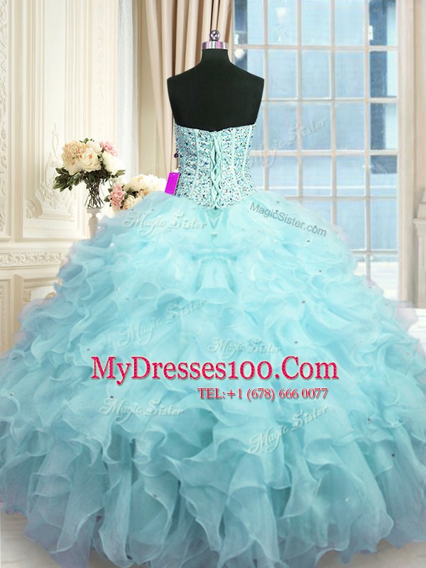 Sequins Sweetheart Sleeveless Lace Up 15th Birthday Dress Baby Blue Organza