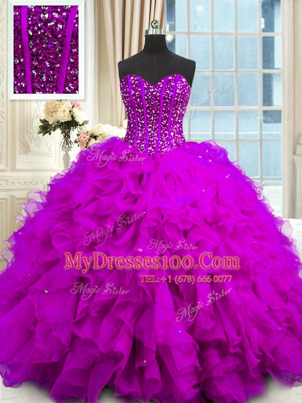 Sequins Ball Gowns Quinceanera Dress Purple Sweetheart Organza Sleeveless Floor Length Lace Up