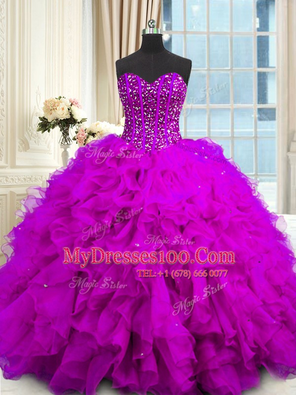 Sequins Ball Gowns Quinceanera Dress Purple Sweetheart Organza Sleeveless Floor Length Lace Up