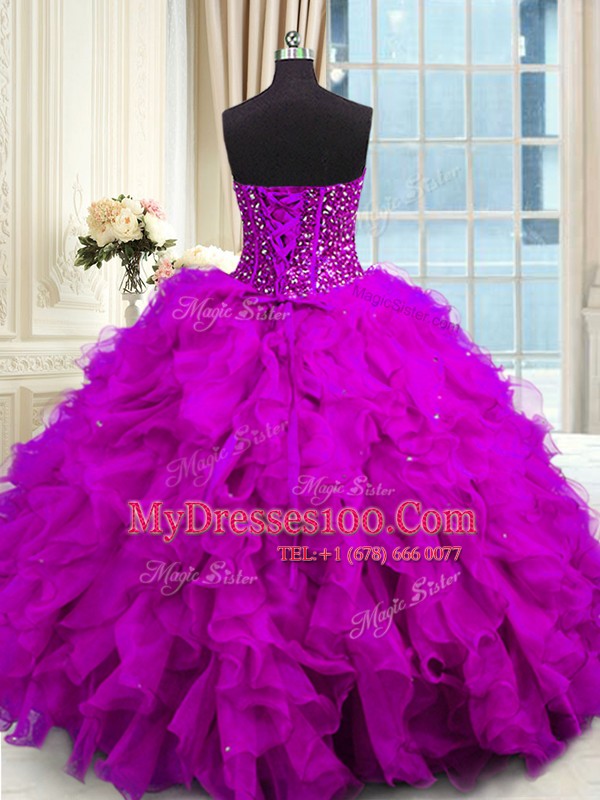 Sequins Ball Gowns Quinceanera Dress Purple Sweetheart Organza Sleeveless Floor Length Lace Up
