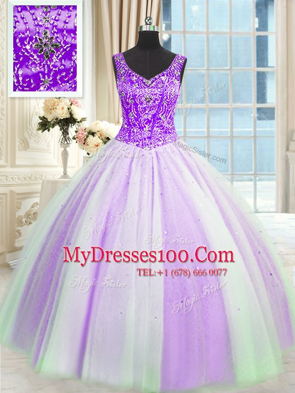 V-neck Sleeveless Quinceanera Dress Floor Length Beading and Sequins White And Purple Tulle