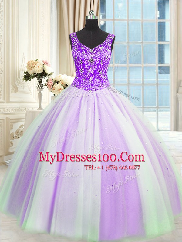 V-neck Sleeveless Quinceanera Dress Floor Length Beading and Sequins White And Purple Tulle