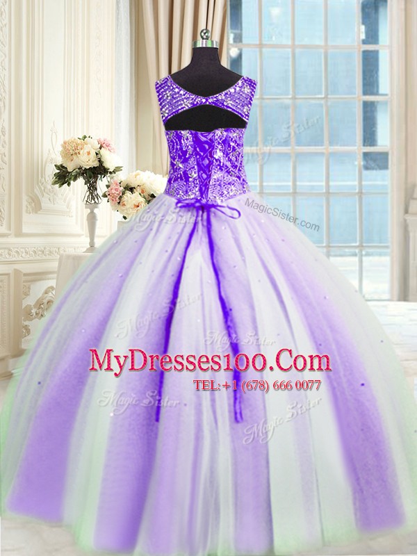 V-neck Sleeveless Quinceanera Dress Floor Length Beading and Sequins White And Purple Tulle
