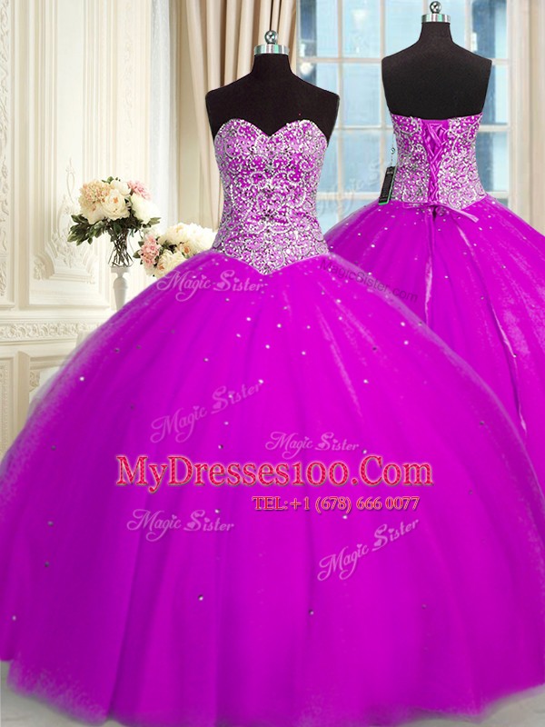 Fuchsia Lace Up Sweetheart Beading and Sequins 15th Birthday Dress Organza Sleeveless