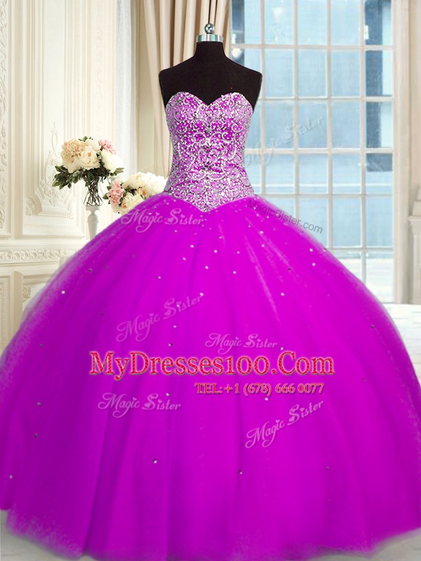Fuchsia Lace Up Sweetheart Beading and Sequins 15th Birthday Dress Organza Sleeveless
