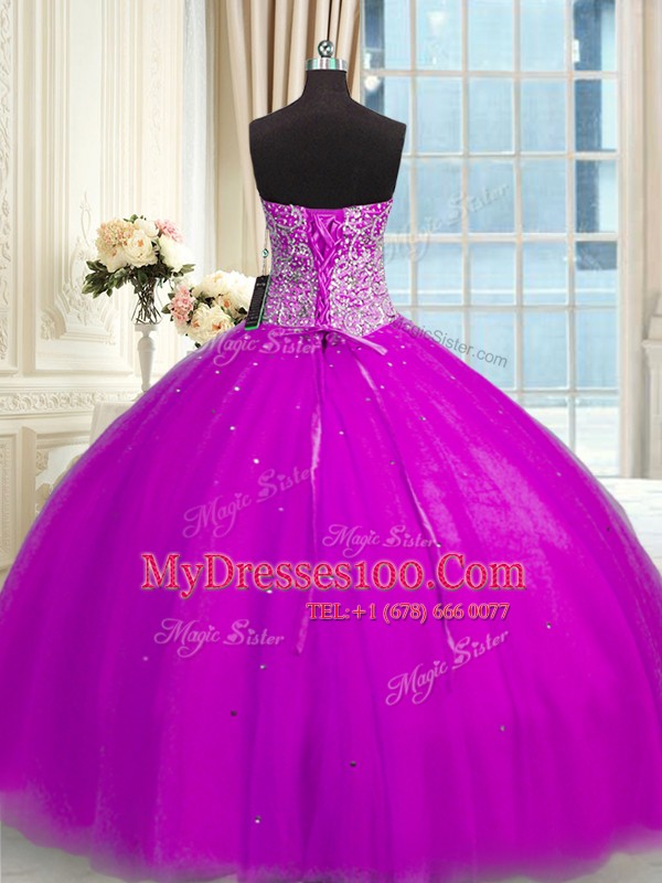 Fuchsia Lace Up Sweetheart Beading and Sequins 15th Birthday Dress Organza Sleeveless