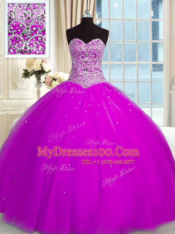 Fuchsia Lace Up Sweetheart Beading and Sequins 15th Birthday Dress Organza Sleeveless