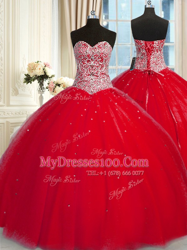 Fashionable Red Ball Gowns Halter Top Sleeveless Tulle Lace Up Beading and Sequins Ball Gown Prom Dress
