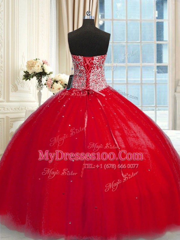 Fashionable Red Ball Gowns Halter Top Sleeveless Tulle Lace Up Beading and Sequins Ball Gown Prom Dress