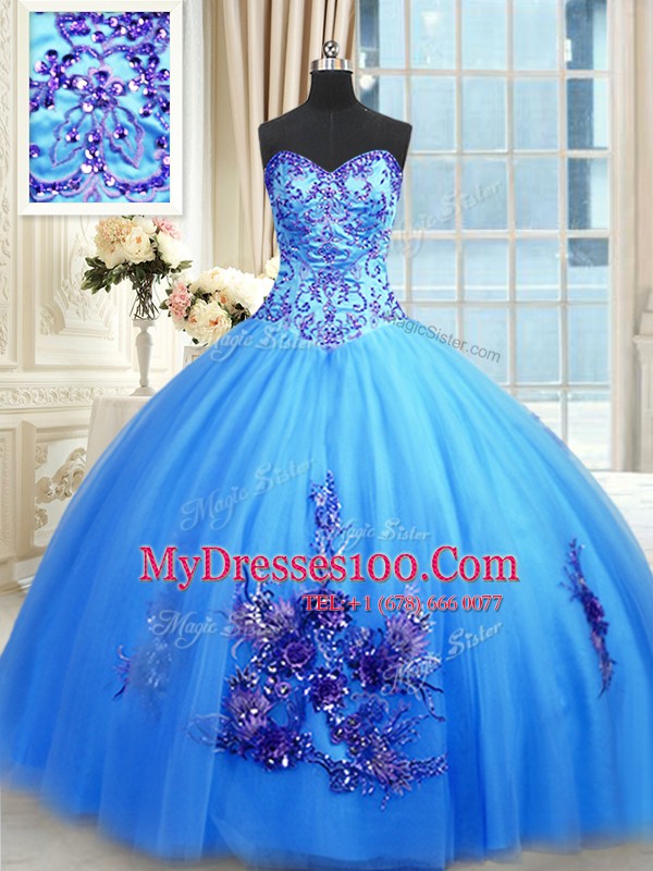Lovely Beading and Appliques and Embroidery Quinceanera Gowns Blue Lace Up Sleeveless Floor Length