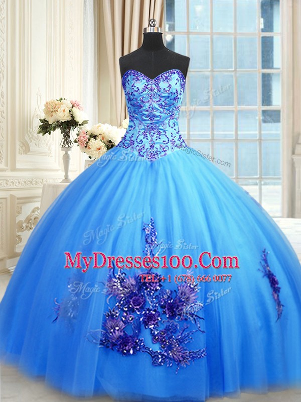 Lovely Beading and Appliques and Embroidery Quinceanera Gowns Blue Lace Up Sleeveless Floor Length