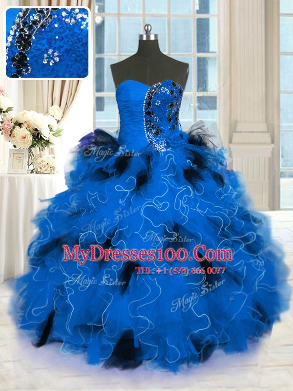 Fantastic Blue Quinceanera Gown Military Ball and Sweet 16 and Quinceanera and For with Beading and Ruffles Strapless Sleeveless Lace Up