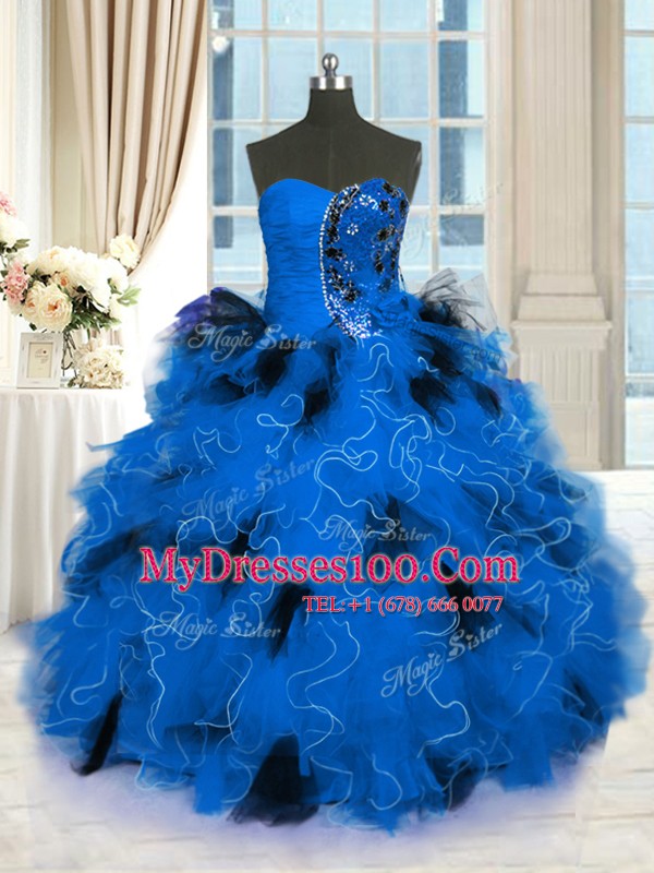 Fantastic Blue Quinceanera Gown Military Ball and Sweet 16 and Quinceanera and For with Beading and Ruffles Strapless Sleeveless Lace Up