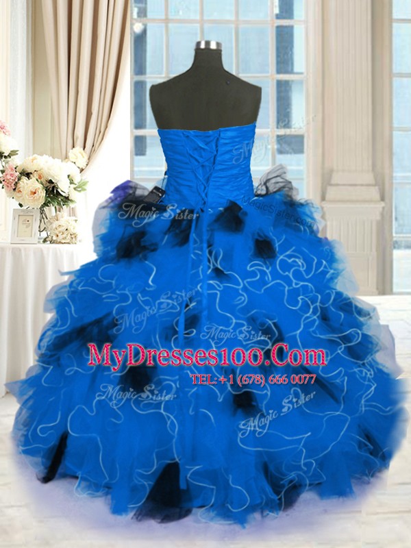 Fantastic Blue Quinceanera Gown Military Ball and Sweet 16 and Quinceanera and For with Beading and Ruffles Strapless Sleeveless Lace Up