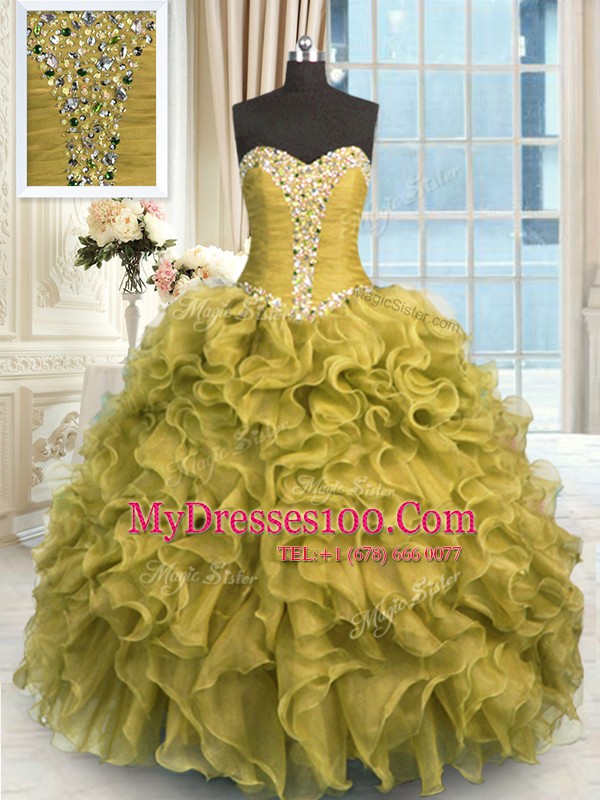 High Class Brown Organza Lace Up Sweet 16 Quinceanera Dress Sleeveless Floor Length Beading and Ruffles