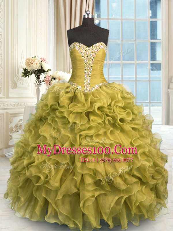 High Class Brown Organza Lace Up Sweet 16 Quinceanera Dress Sleeveless Floor Length Beading and Ruffles