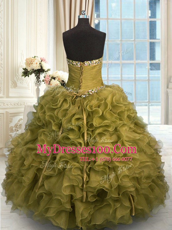 High Class Brown Organza Lace Up Sweet 16 Quinceanera Dress Sleeveless Floor Length Beading and Ruffles
