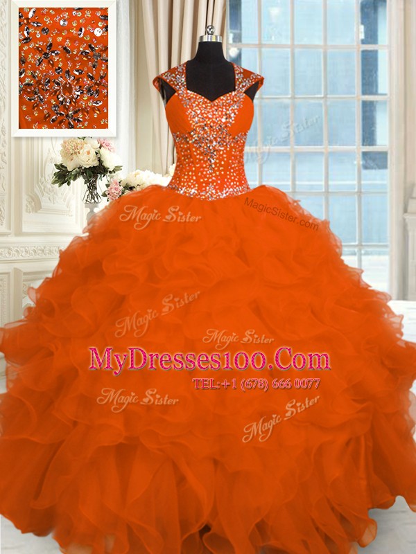 Modern Orange Red Lace Up Straps Beading and Ruffles Quince Ball Gowns Organza Cap Sleeves