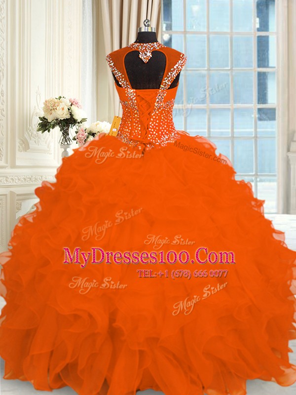 Modern Orange Red Lace Up Straps Beading and Ruffles Quince Ball Gowns Organza Cap Sleeves