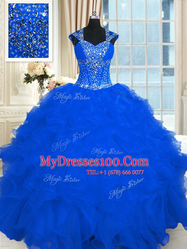 Sophisticated Straps Cap Sleeves Quinceanera Gown Floor Length Beading and Ruffles Royal Blue Organza