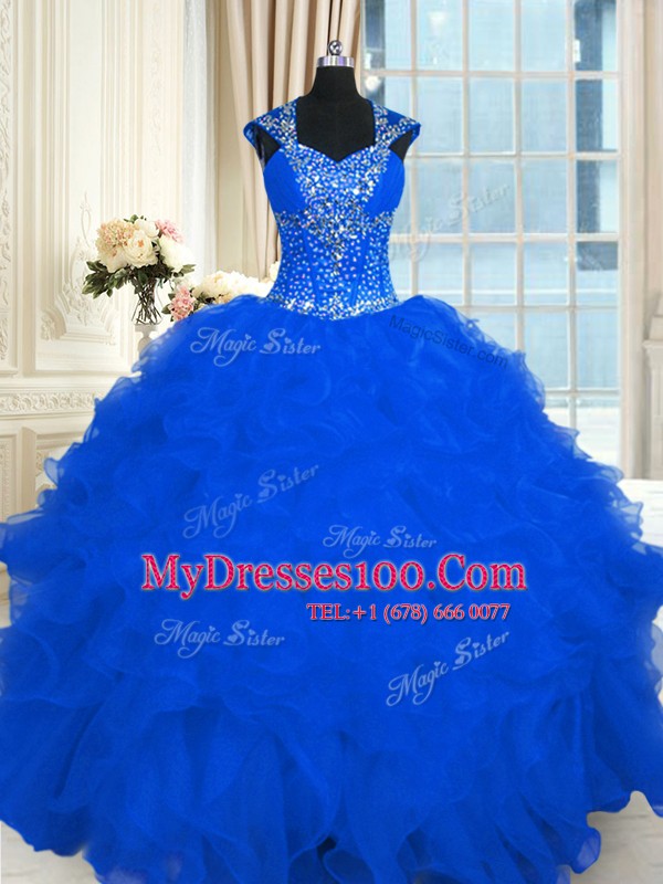 Sophisticated Straps Cap Sleeves Quinceanera Gown Floor Length Beading and Ruffles Royal Blue Organza