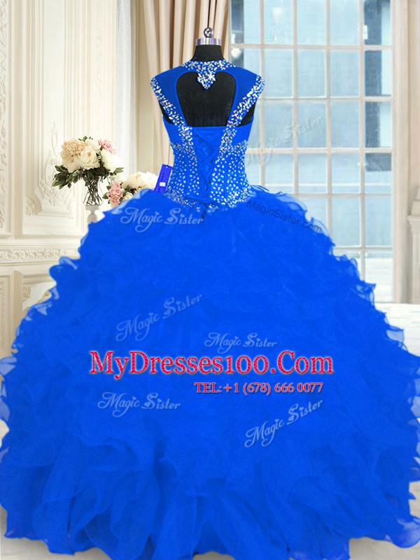 Sophisticated Straps Cap Sleeves Quinceanera Gown Floor Length Beading and Ruffles Royal Blue Organza