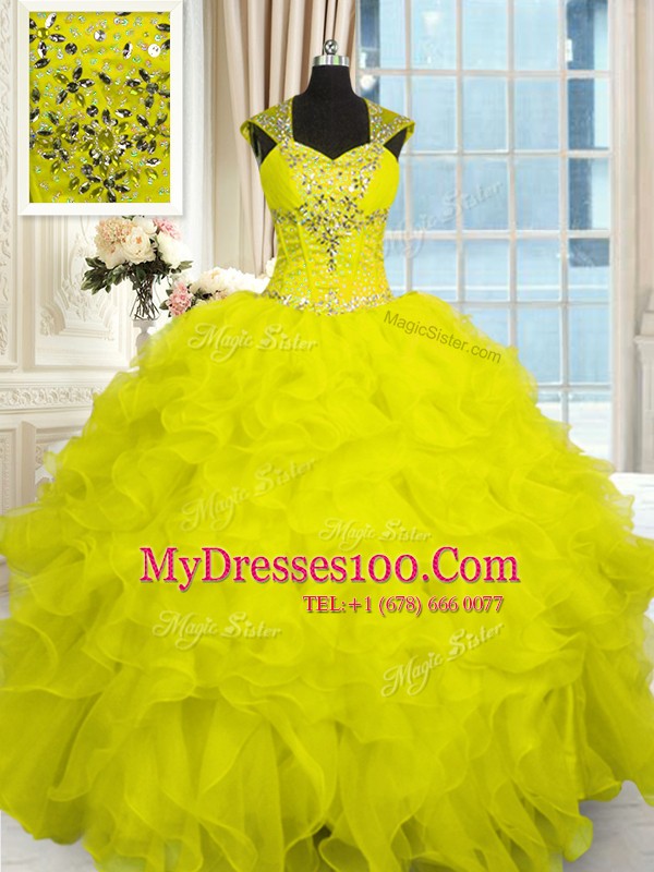 Suitable Cap Sleeves Floor Length Beading and Ruffles Lace Up Sweet 16 Dress with Yellow