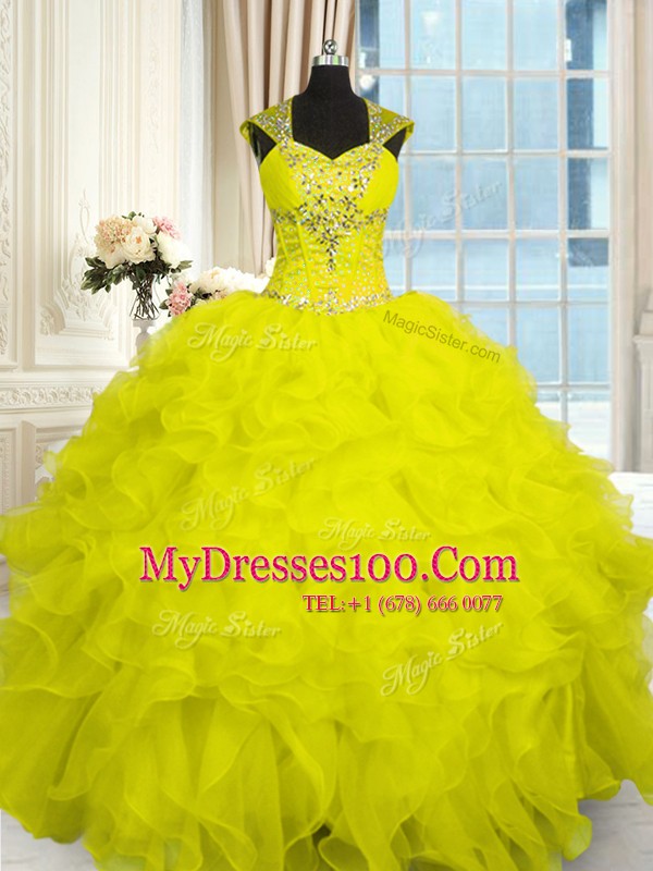 Suitable Cap Sleeves Floor Length Beading and Ruffles Lace Up Sweet 16 Dress with Yellow