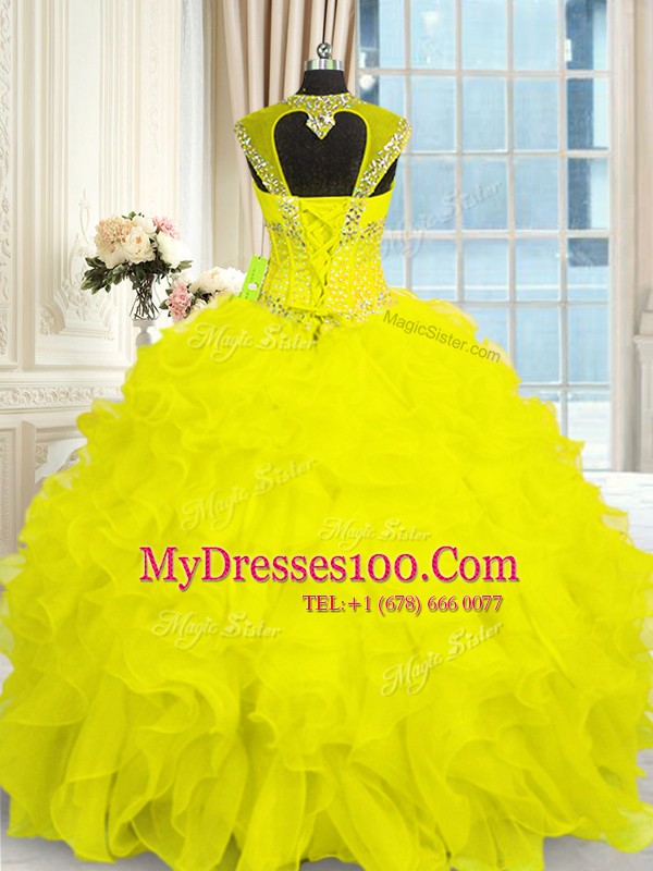 Suitable Cap Sleeves Floor Length Beading and Ruffles Lace Up Sweet 16 Dress with Yellow