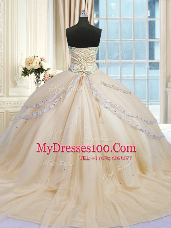 Spectacular Sleeveless Court Train Beading and Appliques Lace Up Quinceanera Gowns