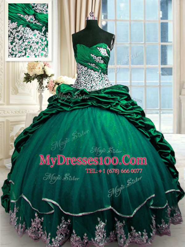 Pick Ups Dark Green Sleeveless Taffeta Brush Train Lace Up Quinceanera Gowns for Military Ball and Sweet 16 and Quinceanera