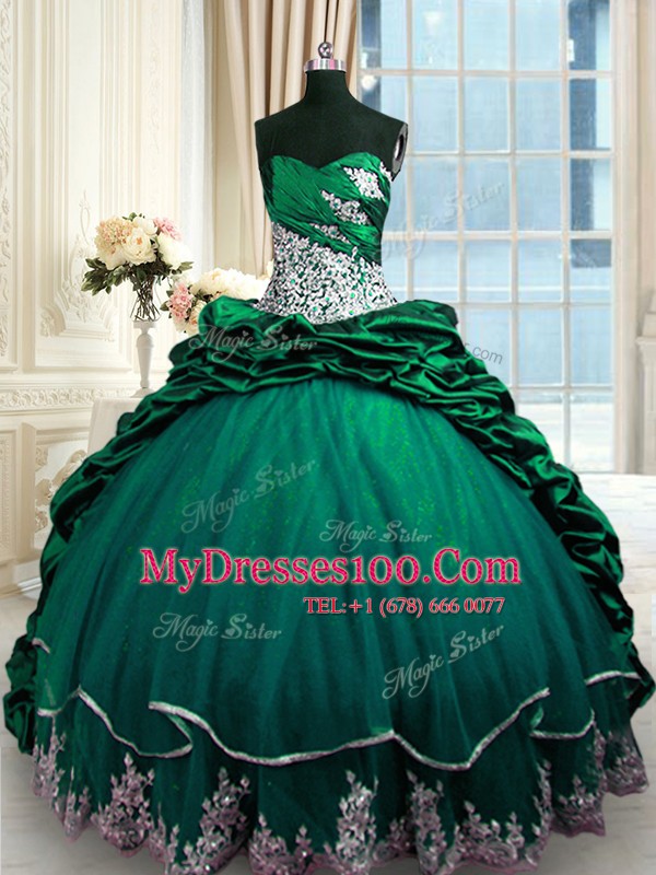 Pick Ups Dark Green Sleeveless Taffeta Brush Train Lace Up Quinceanera Gowns for Military Ball and Sweet 16 and Quinceanera