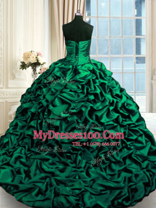 Pick Ups Dark Green Sleeveless Taffeta Brush Train Lace Up Quinceanera Gowns for Military Ball and Sweet 16 and Quinceanera