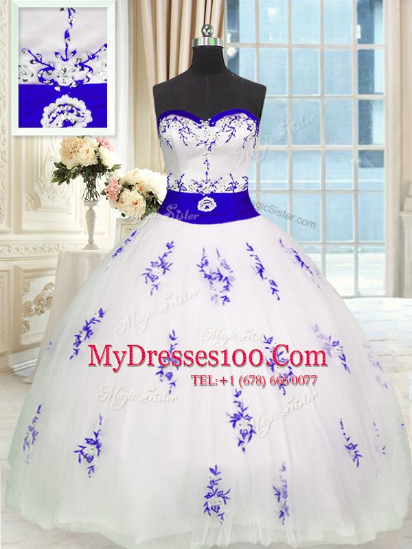 Floor Length White 15 Quinceanera Dress Tulle Sleeveless Embroidery and Belt